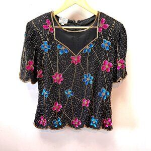 Vintage 80's Stenay Black Beaded Silk Sequin Floral Embellished Party‎ Top Sz. L